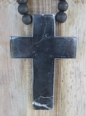 Black Stone Cross on Wooden Bead Necklace Wall Hanging