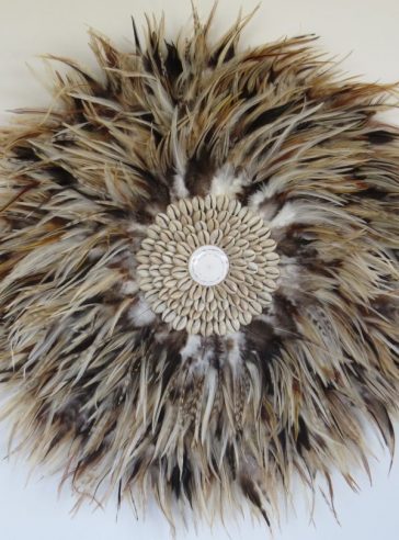 Round Mixed Brown Fluffy Feather Wall Hanging Juju Hat with Shell - Large