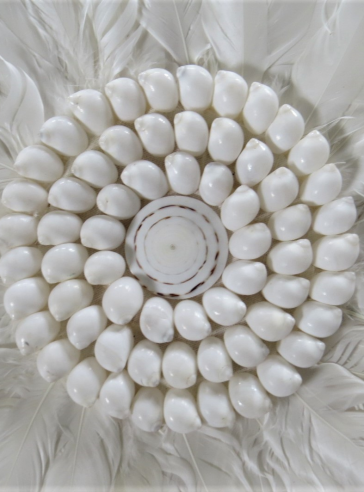 White Feather  Round Wall Hanging with Cowrie Shell - Small Juju Hat