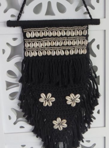 Black Macrame Wall Hanging with Shell Flowers
